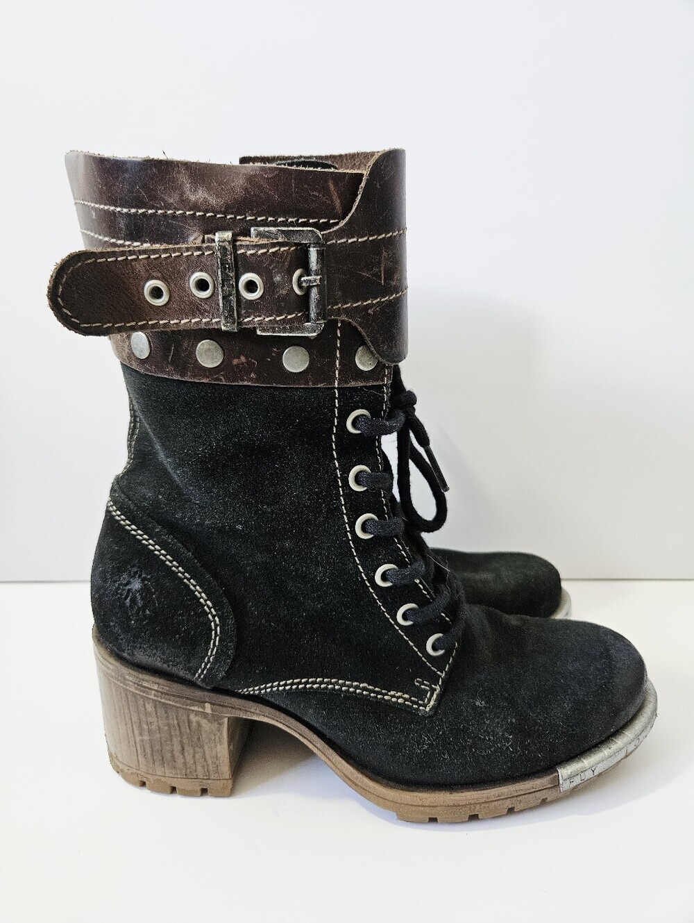 Fly London Lask Boots Size 39 US 8-8.5 Heeled Leather Ankle Boots Buckle